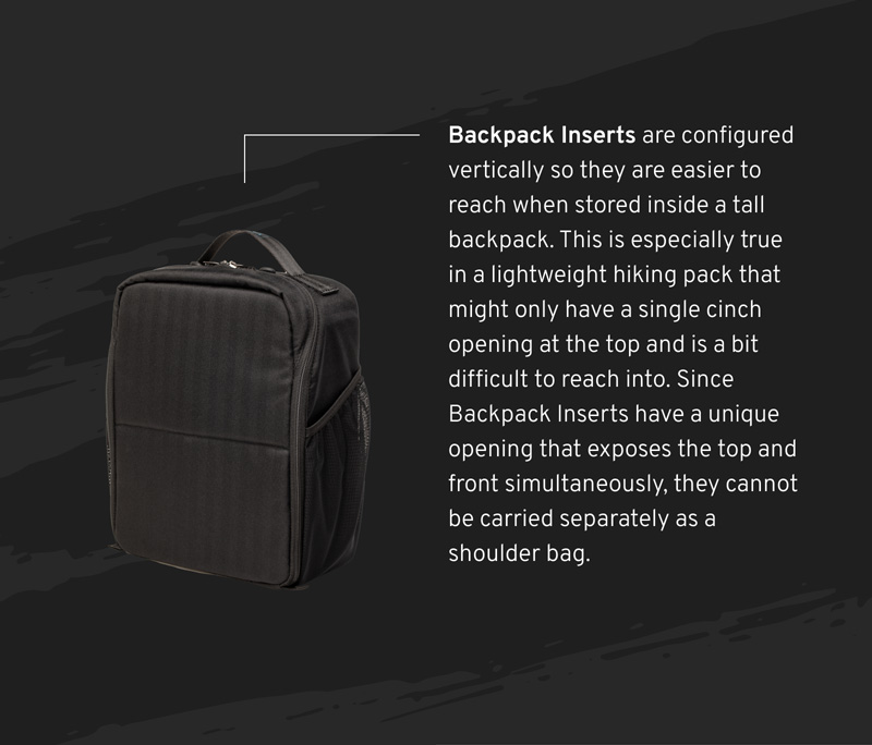 Backpack Inserts are configured vertically so they are easier to reach when stored inside a tall backpack.