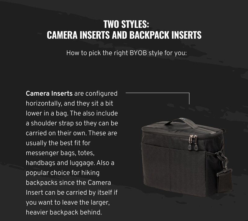 Two Styles: Camera Inserts and Backpack Inserts - Camera Inserts are configured horizontally, and they sit a bit lower in a bag.